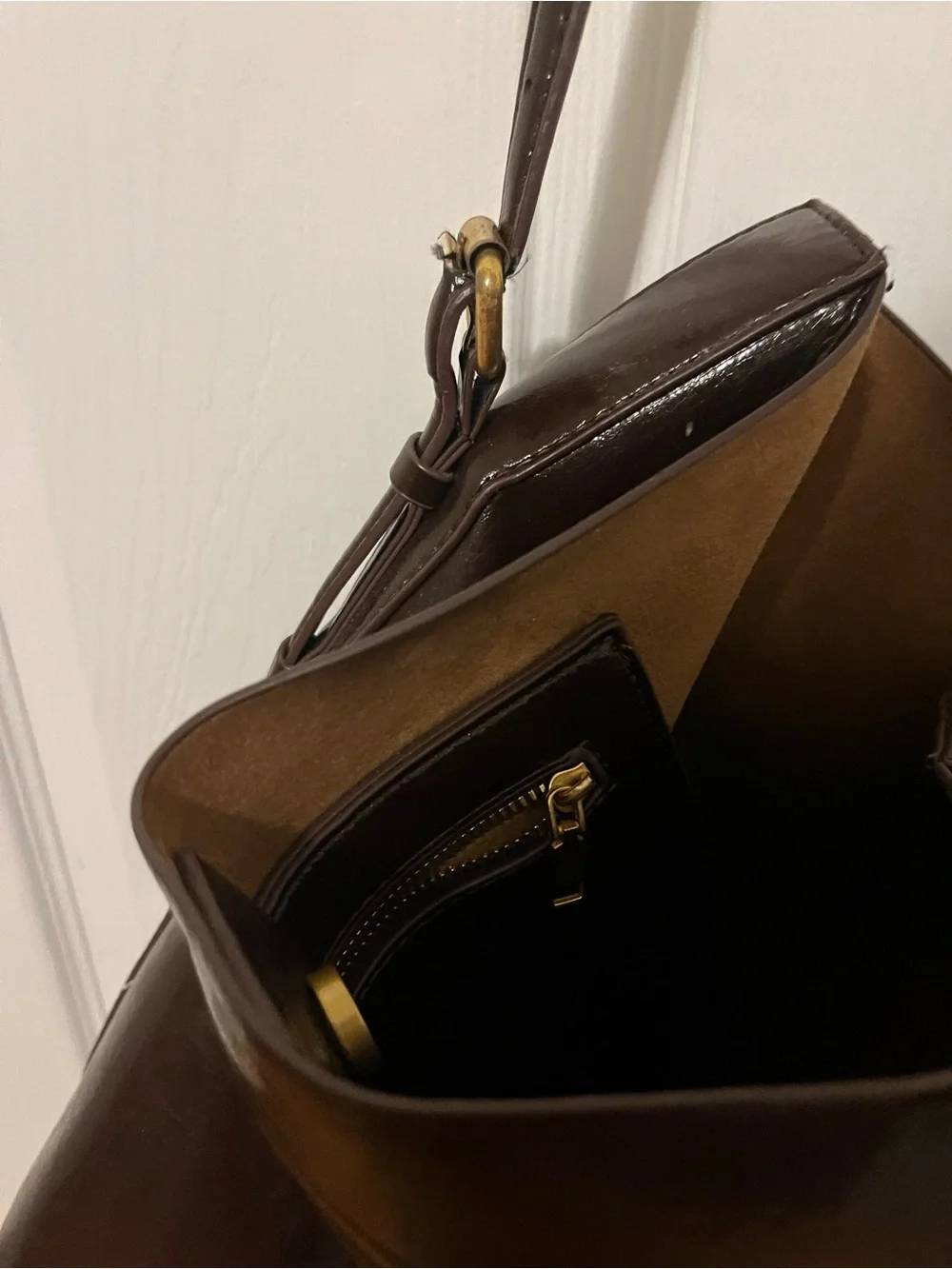 Zara Dark Brown Leather Hobo Shoulder Bag with Gold Hardware